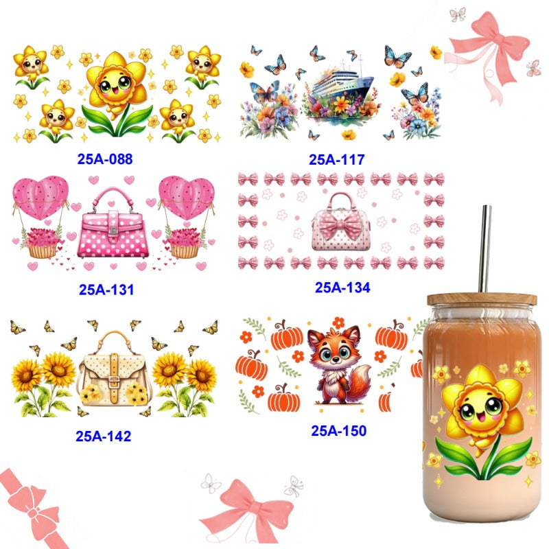 Wholesale 1pcs/5pcs Cute Sunflower Little Fox Butterfly Pink Bag 16 Oz Cup UV DTF Wraps