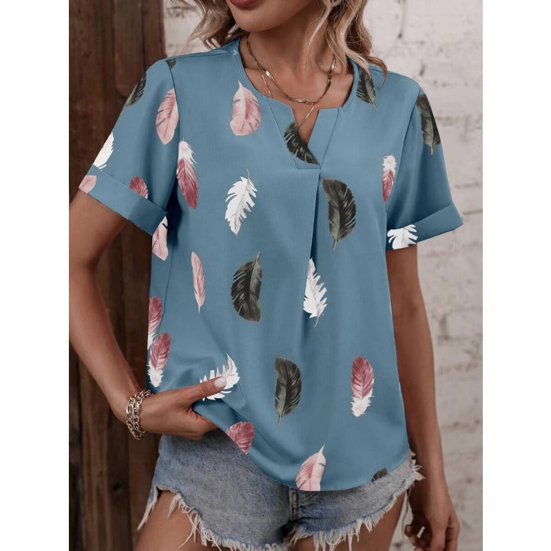Wholesale Feather Pattern Printed V Neck Loose Short Sleeves