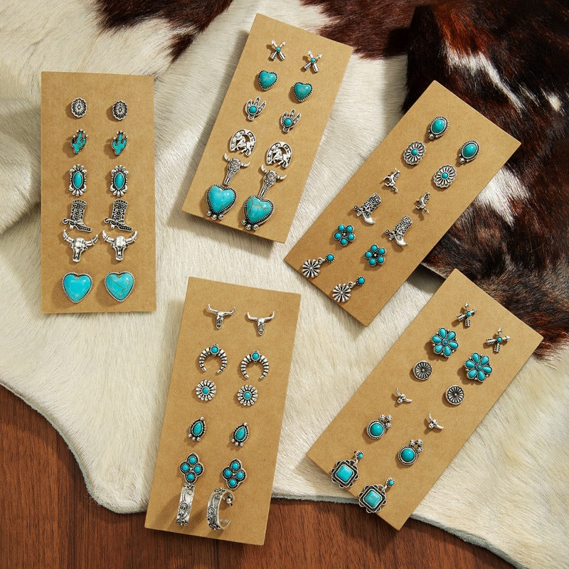 Wholesale Retro Ethnic Style Turquoise Flower Denim Cactus Alloy Earrings