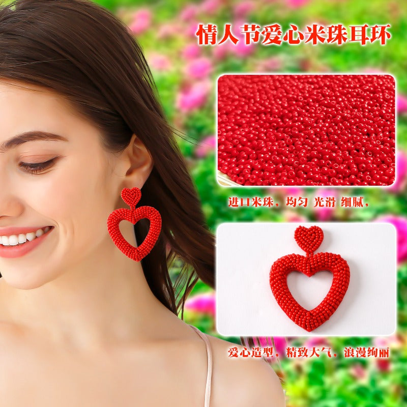 Wholesale Valentine's Day Love Handmade Romantic Heart Shaped High Quality Rice Bead Red Earrings