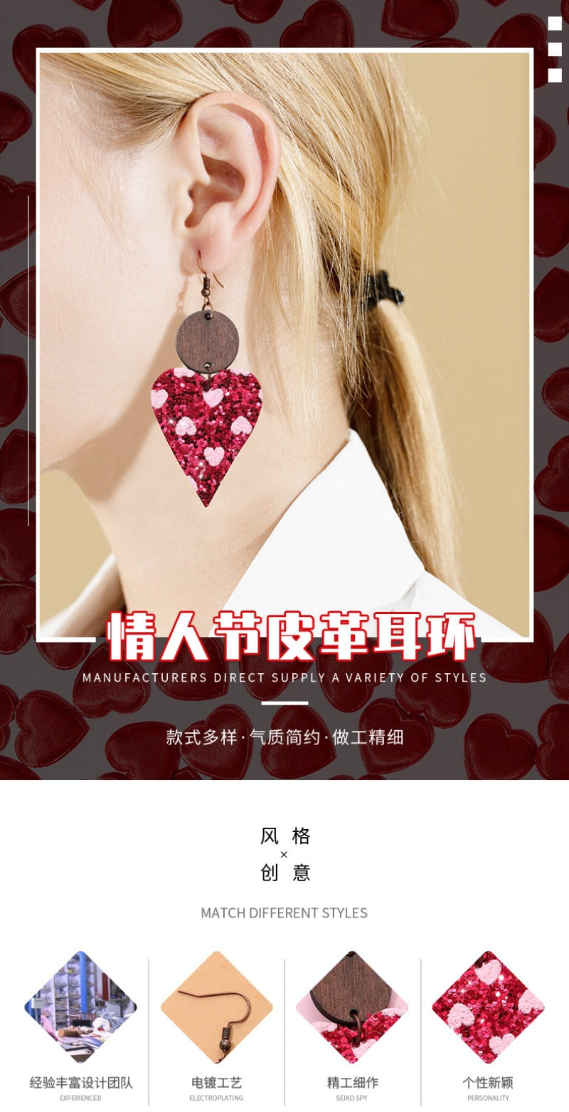 Wholesale Valentine's Day Sequin Particles, Heart-shaped Leather Wooden Block Earrings