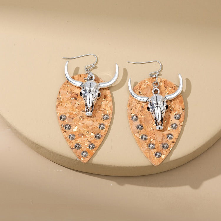 Wholesale Western Cowboy Cow Head Ethnic Style Leather Earrings