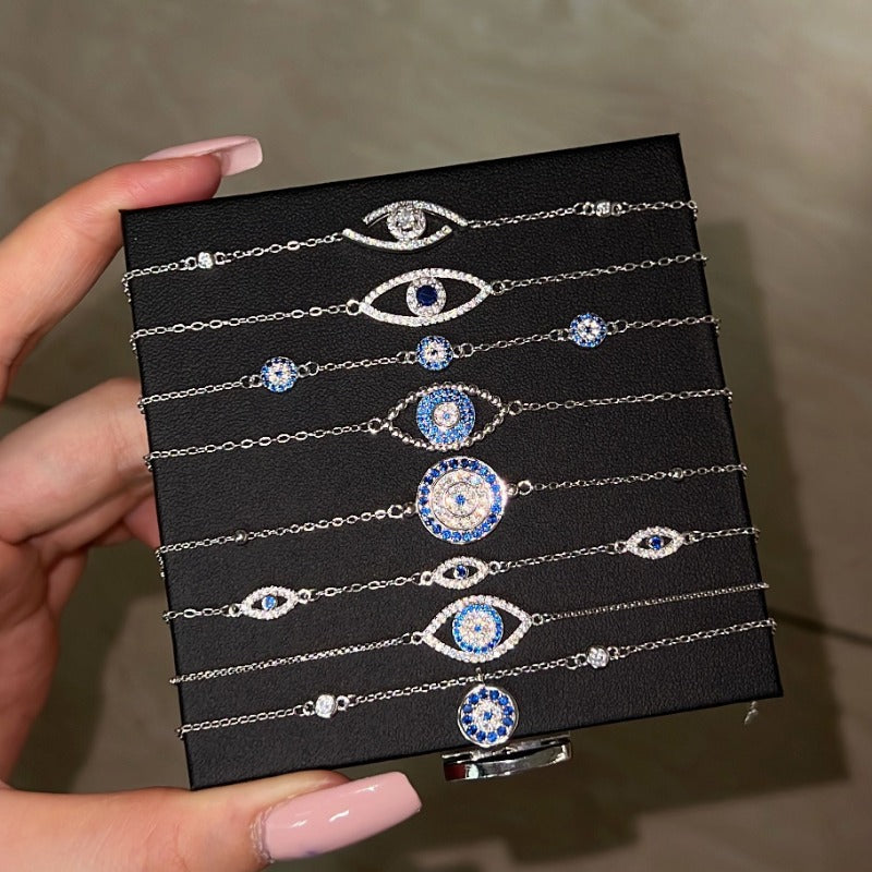Wholesale Demon Eye Geometric Design Zircon Inlaid Blue Eye S925 Sterling Silver Bracelet