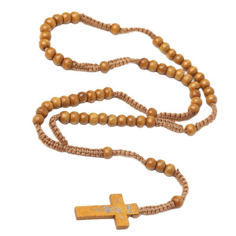 Wholesale Natural Wood Bead Cross Handmade Woven Necklace