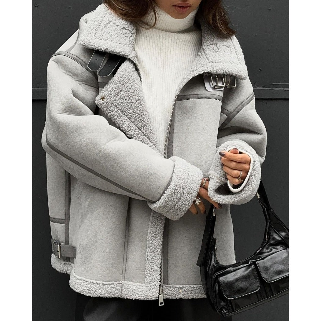 Wholesale One-piece Lambswool Jacket Design Sense Spliced Street Biker Style Cotton Suit