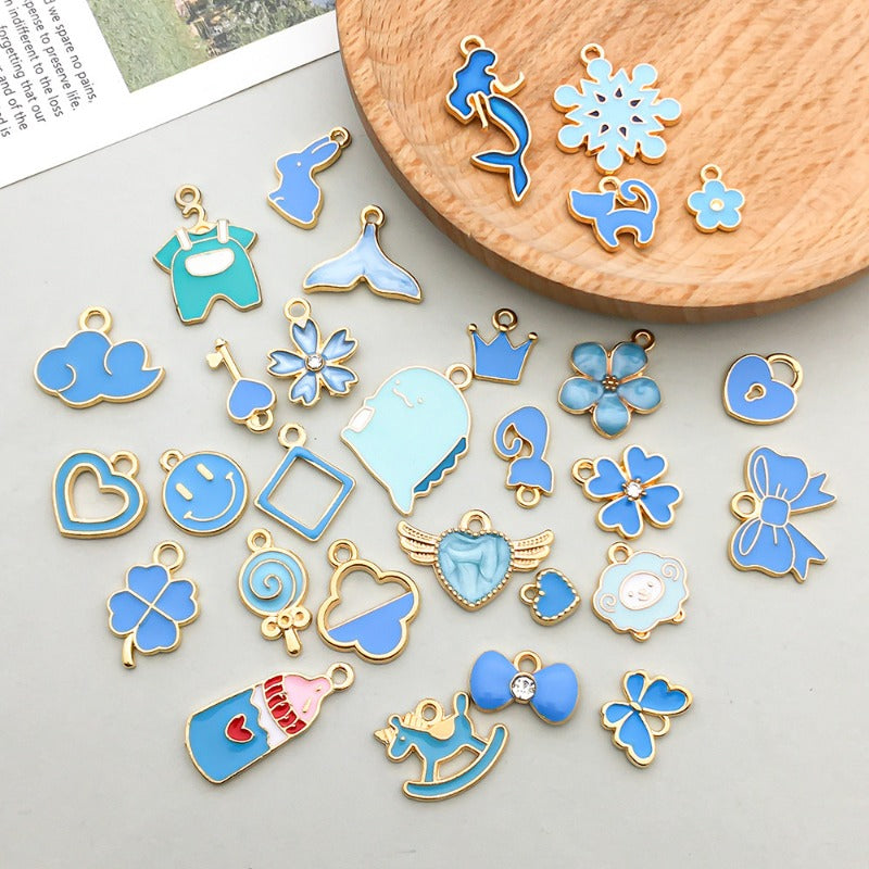 Wholesale Mix 30 Lake Blue Drip Oil Alloy Cute Cartoon Simulation Animal Pendant