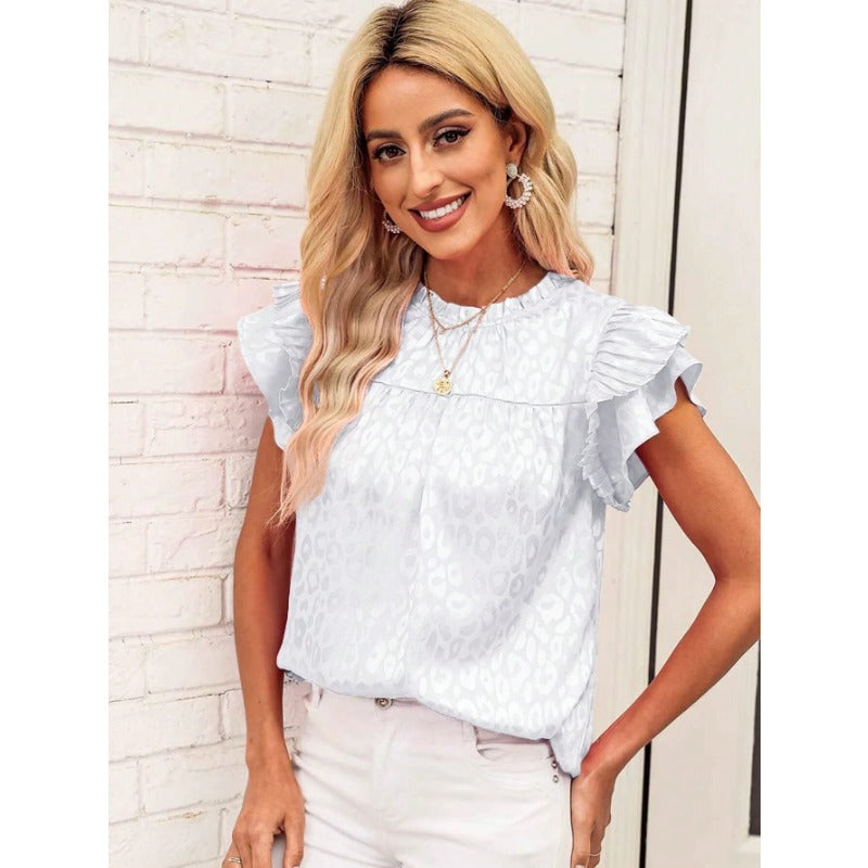 Wholesale Fashion Versatile Printed Ruffle Sleeve Wave Neck Top