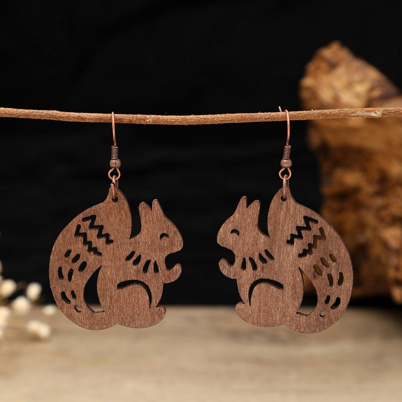 Wholesale Hollow Wooden Squirrel Maple Leaf Personalized Retro Ethnic Style Earrings