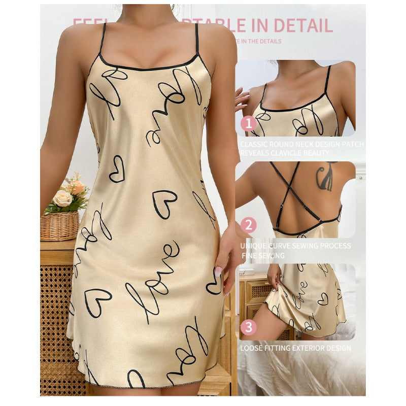 Wholesale Printed Ice Silk Backless Suspender Skirt Thin Breathable Pajamas