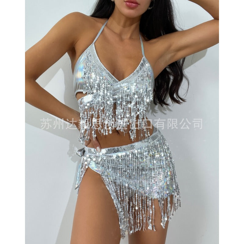 Wholesale Three-piece Glitter Fabric Sexy Tassel Swimsuit