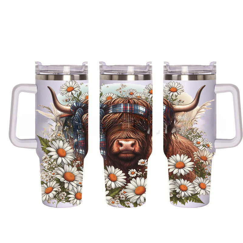 Wholesale Tumbler 40OZ Bull Head 3D Sunflower Car Cup Stainless Steel Straw Tumbler Ice Cup