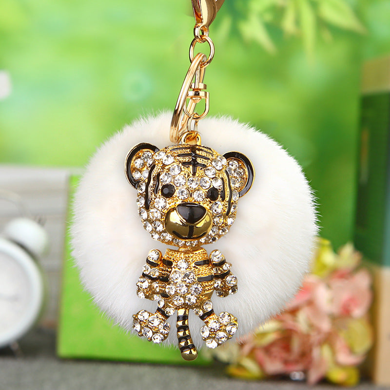 Wholesale Creative Water Diamond Fox Head Hairball Keychain