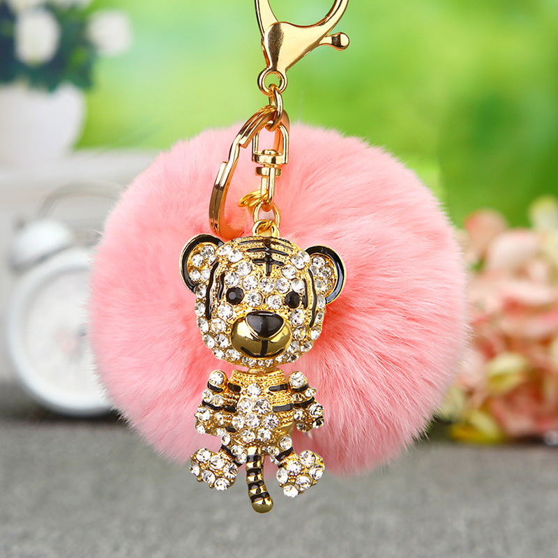 Wholesale Creative Water Diamond Fox Head Hairball Keychain