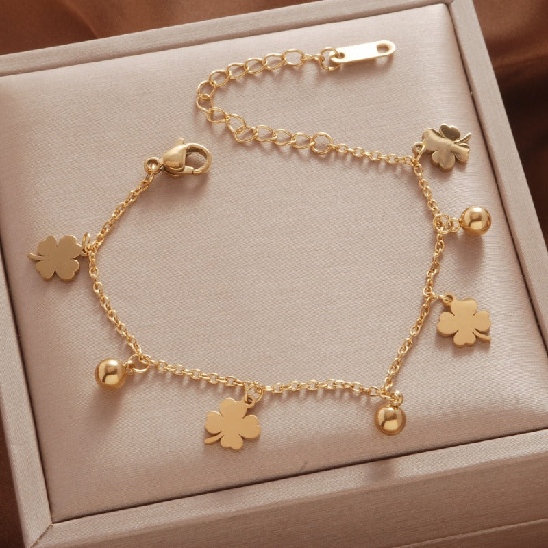 Wholesale Titanium Steel Non-fading Four-leaf Clover Ball Bead Bracelet
