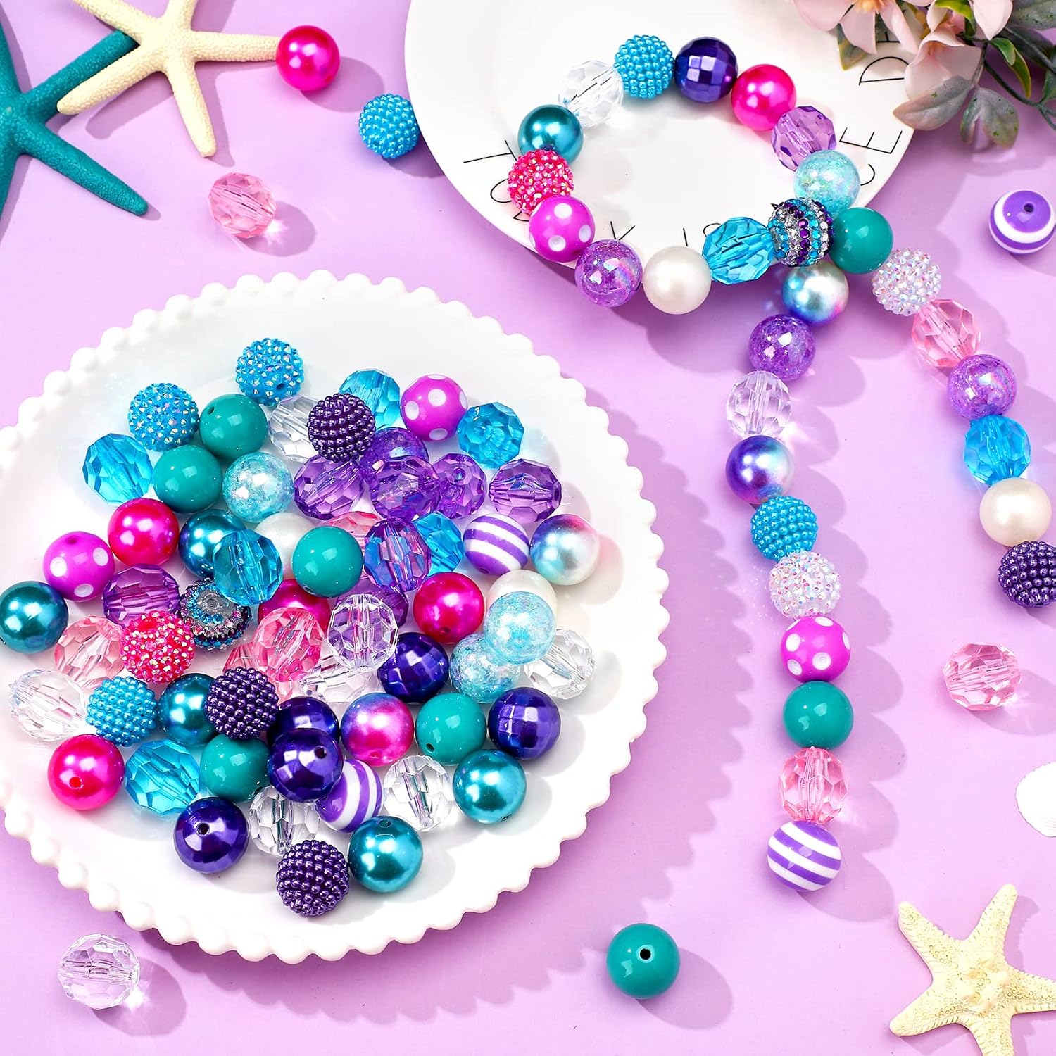 Wholesale 50Pcs 20 mm Rhinestone Beads Shine Disco Ball Beads Bubblegum Beads Plastic Chunky Beads Loose Round Spacer Beads for Jewelry Making DIY Craft Pen Bracelet Supplies(Mermaid)