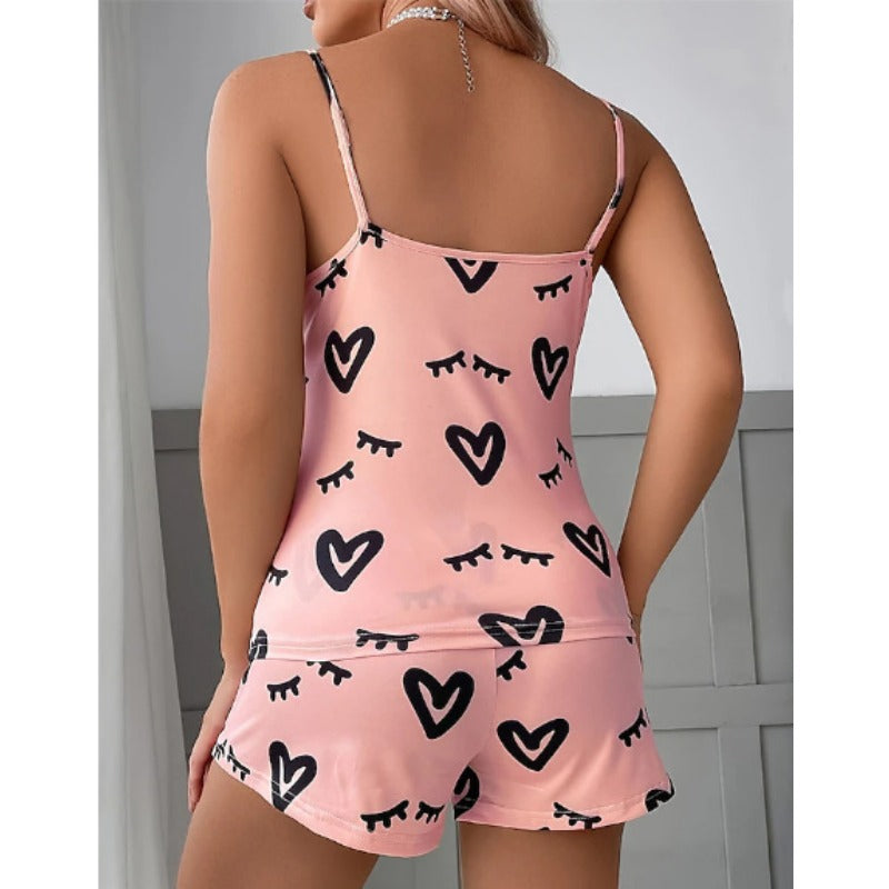Wholesale Heart Print Suspender Shorts Pajamas