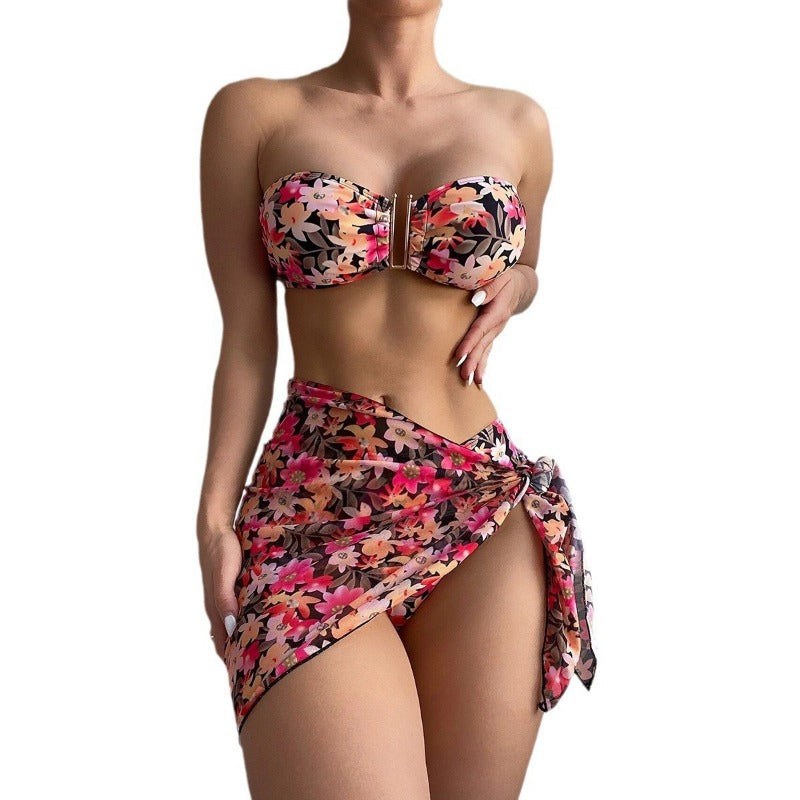 Wholesale Metal U-Shaped Three-Piece Printed Swimsuit