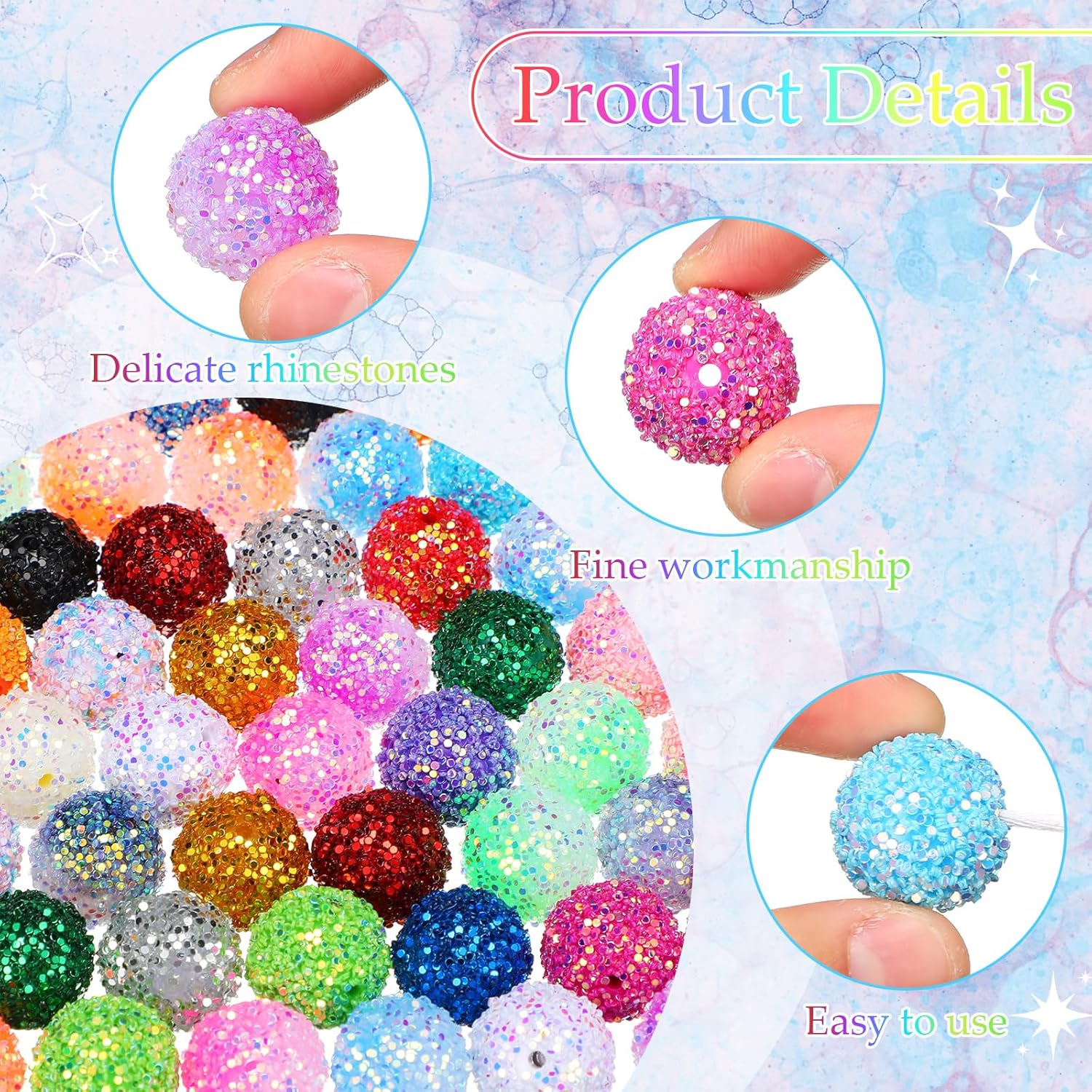 Wholesale 50 Pcs 20mm Rhinestone Beads Resin Crystal Disco Ball Beads Sequin Chunky Bubblegum Beads for Pens Loose Spacer Charms for Jewelry Making Bracelets DIY Craft Supplies (Mixed Color)