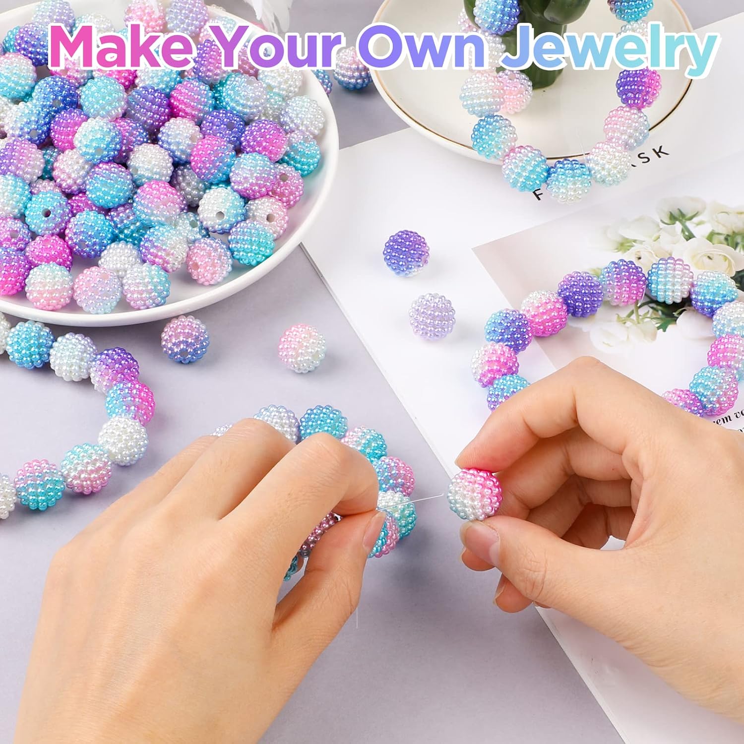 Wholesale TXIN 50 Pieces Bubblegum Beads Berry Beads Spacer Bead Chunky Beads Loose Beads Round Rainbow 15mm Plastic Charm Beading for Handbag Chain Earring Bracelets Necklace Jewelry Making,Rainbow Pink