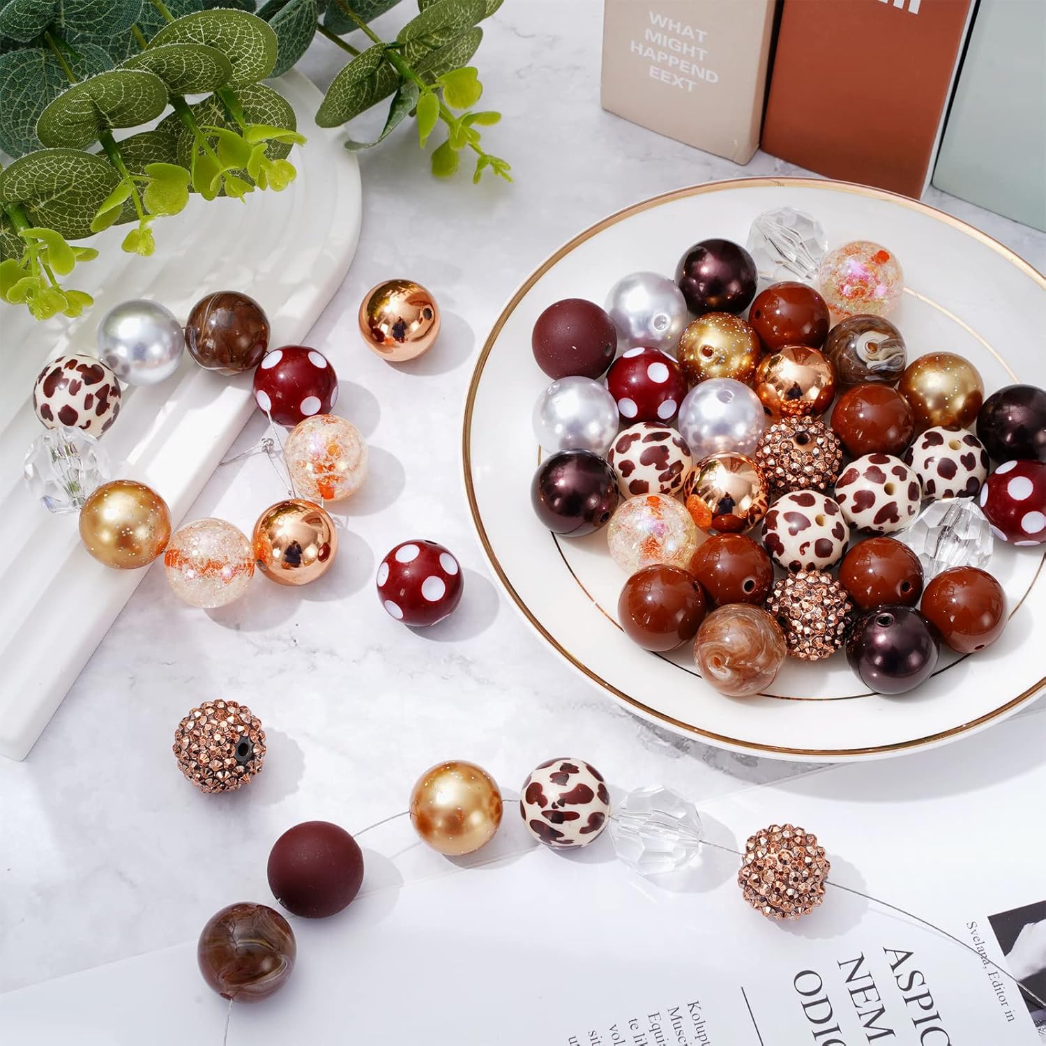 Wholesale Whaline 50Pcs Chunky Bubblegum Beads 20mm Brown White Cow Beads 12 Styles Mixed Chocolate Milk Beads Set Spacer Bead Chunky Beads Jumbo Plastic Beads for DIY Jewelry Making