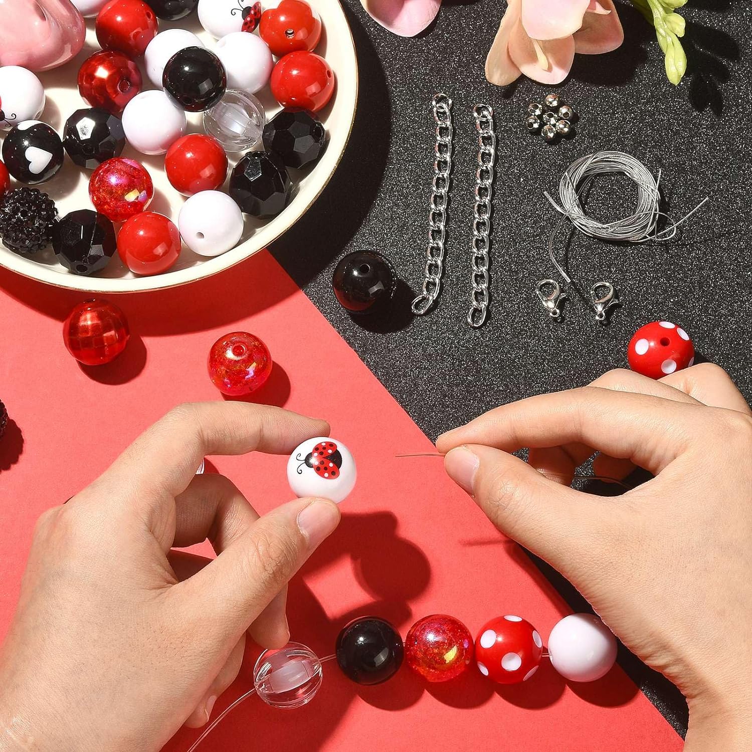 Wholesale KitBeads 50pcs 20mm Colorful Chunky beads Black Red Lady Bug Gum Ball beads Mixed Styles Acrylic Round Ball Bubblegum beads for Jewelry Making