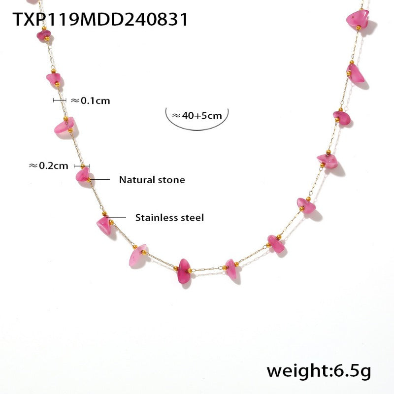 Wholesale Bohemian Pink Natural Stone Light Luxury Handmade Clavicle Necklace Bracelet Stainless Steel Women's Exquisite Set