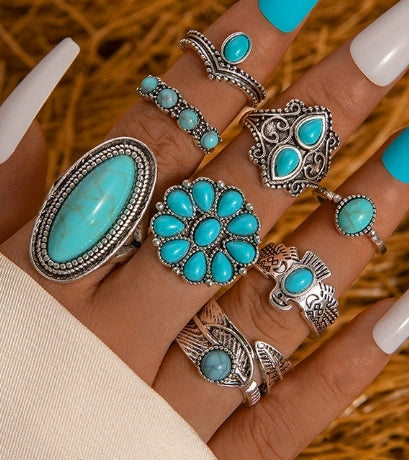 Vintage 8-piece Ring Set with Turquoise Carved Feathers