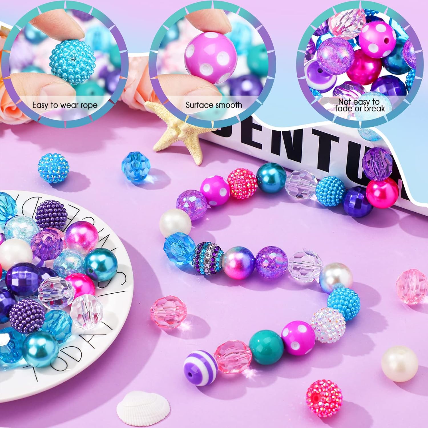 Wholesale 50Pcs 20 mm Rhinestone Beads Shine Disco Ball Beads Bubblegum Beads Plastic Chunky Beads Loose Round Spacer Beads for Jewelry Making DIY Craft Pen Bracelet Supplies(Mermaid)