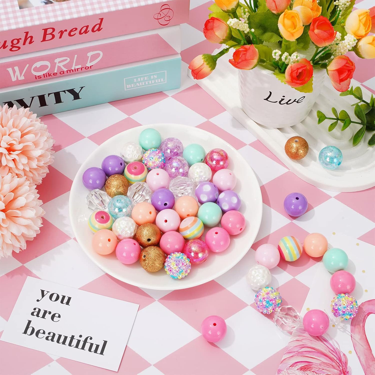 Wholesale Whaline 50Pcs Chunky Bubblegum Beads 20mm Macaron Colorful Beads 12 Styles Mixed Jumbo Plastic Beads Set Colorful Spacer Bead Chunky Beads for DIY Jewelry Making