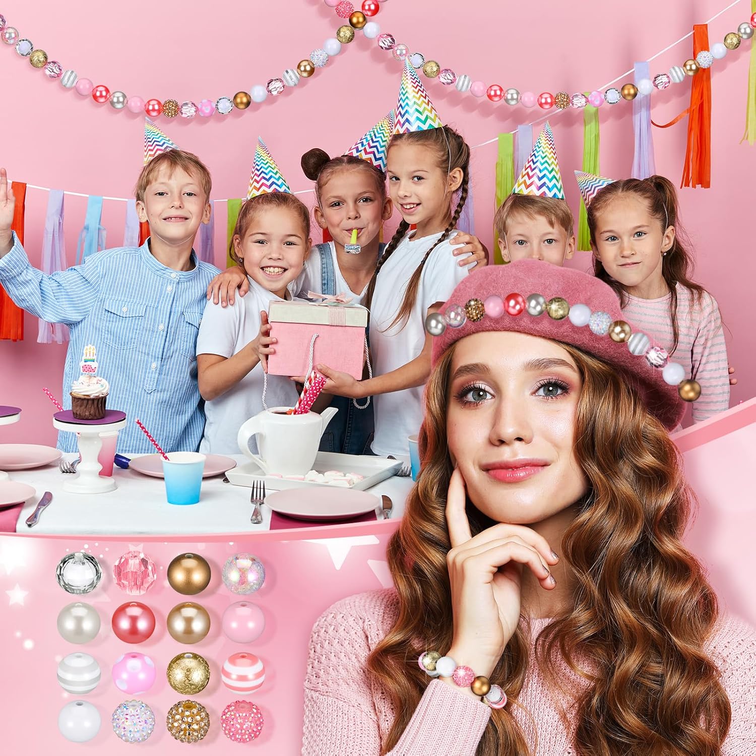 Wholesale 50Pcs Colorful Chunky Bubblegum Beads 20mm Round Chunk Beads Plastic Rhinestone Large Beads for Pen Jewelry Chain Making Bag Craft Spacer Supplies Wedding Garland DIY (Pink Gold,Classic)