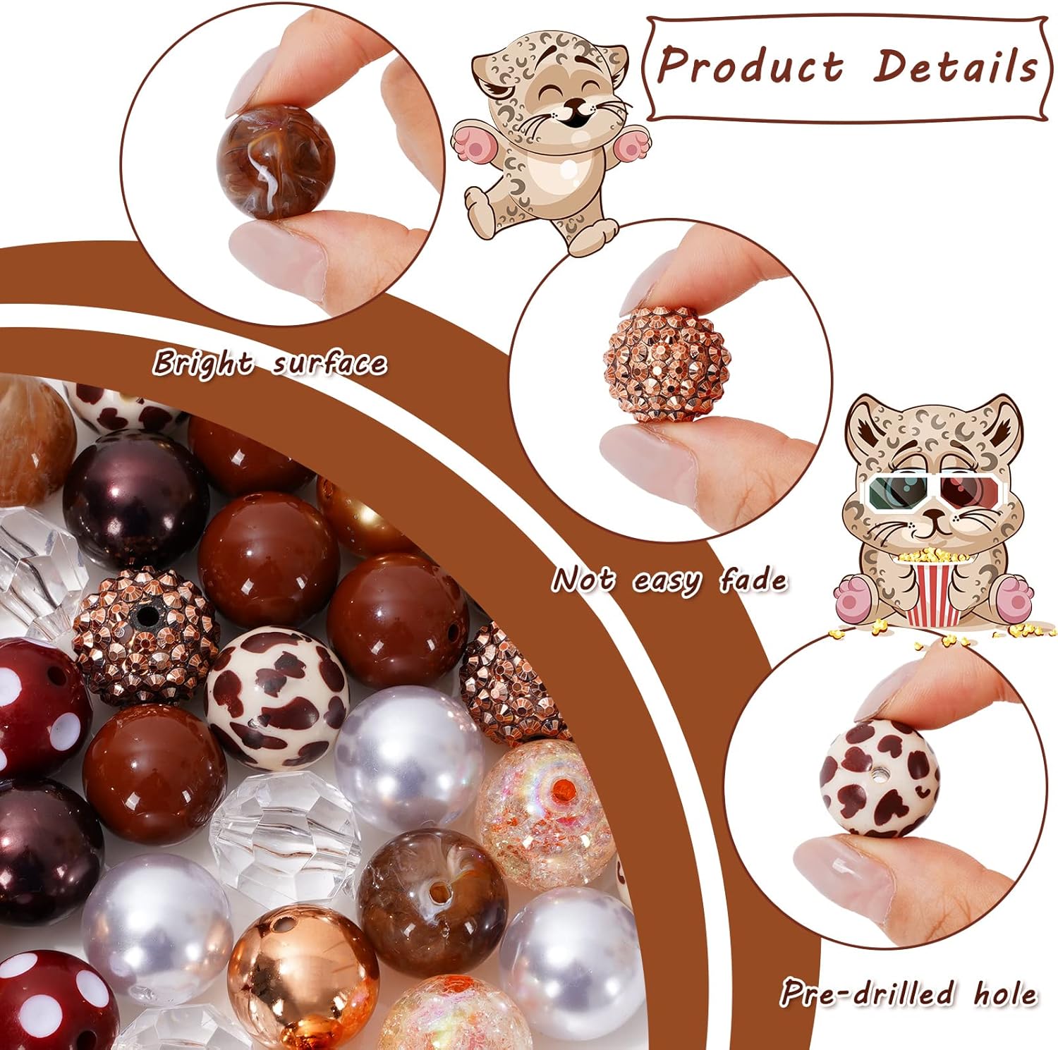 Wholesale Whaline 50Pcs Chunky Bubblegum Beads 20mm Brown White Cow Beads 12 Styles Mixed Chocolate Milk Beads Set Spacer Bead Chunky Beads Jumbo Plastic Beads for DIY Jewelry Making