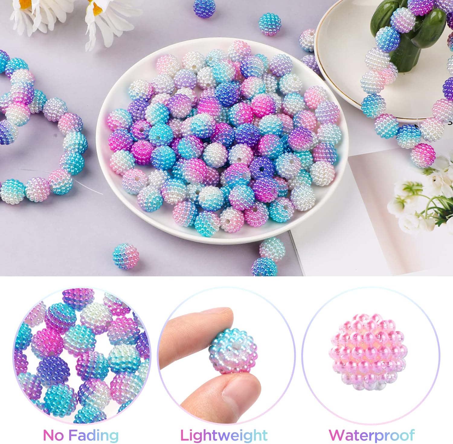 Wholesale TXIN 50 Pieces Bubblegum Beads Berry Beads Spacer Bead Chunky Beads Loose Beads Round Rainbow 15mm Plastic Charm Beading for Handbag Chain Earring Bracelets Necklace Jewelry Making,Rainbow Pink