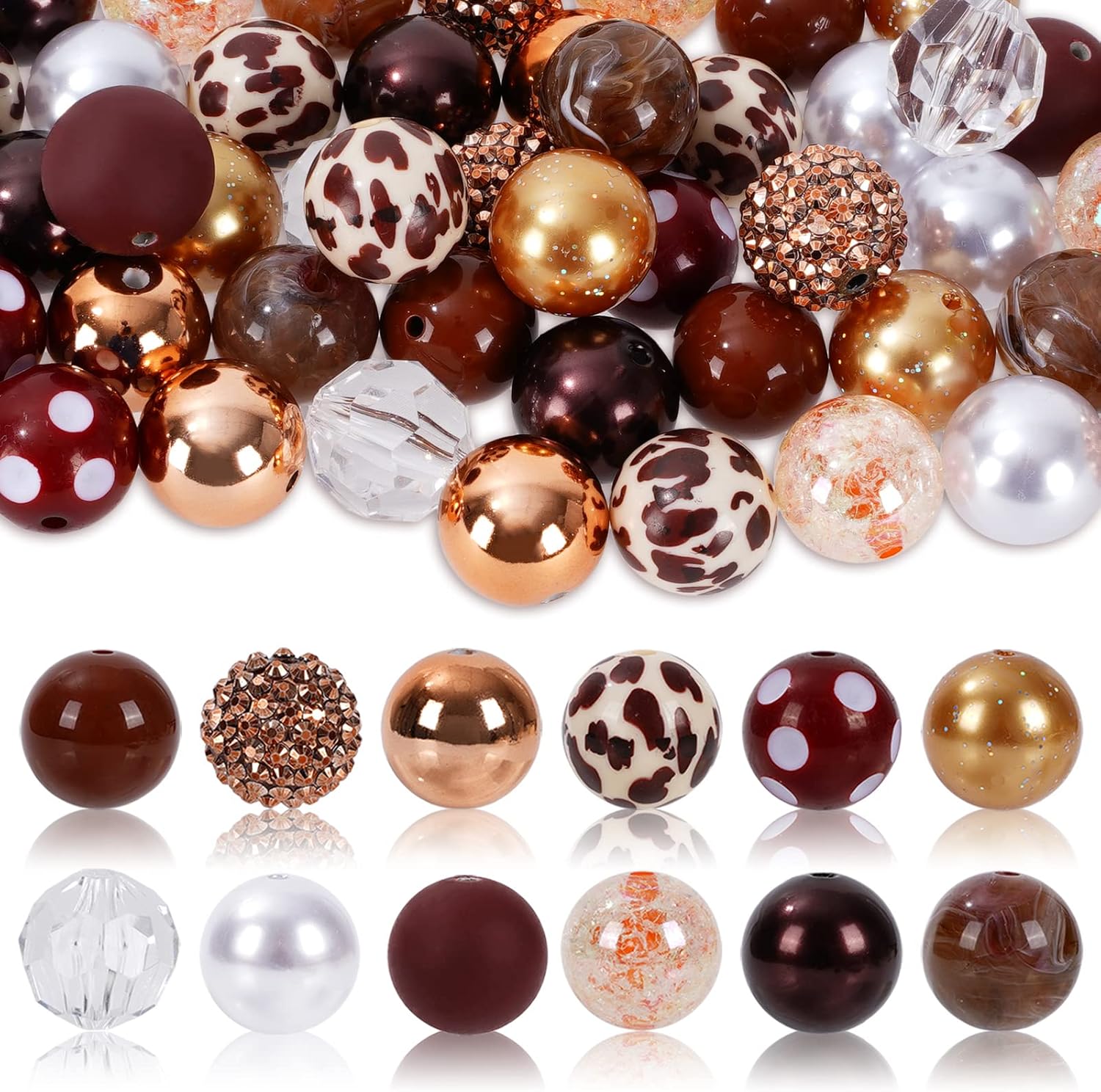 Wholesale Whaline 50Pcs Chunky Bubblegum Beads 20mm Brown White Cow Beads 12 Styles Mixed Chocolate Milk Beads Set Spacer Bead Chunky Beads Jumbo Plastic Beads for DIY Jewelry Making