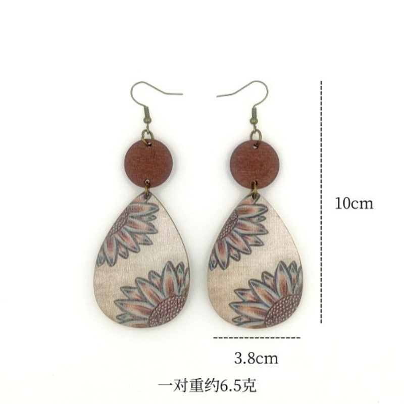 Wholesale Western style Wooden Printing Retro Sunflower Tauren Earrings