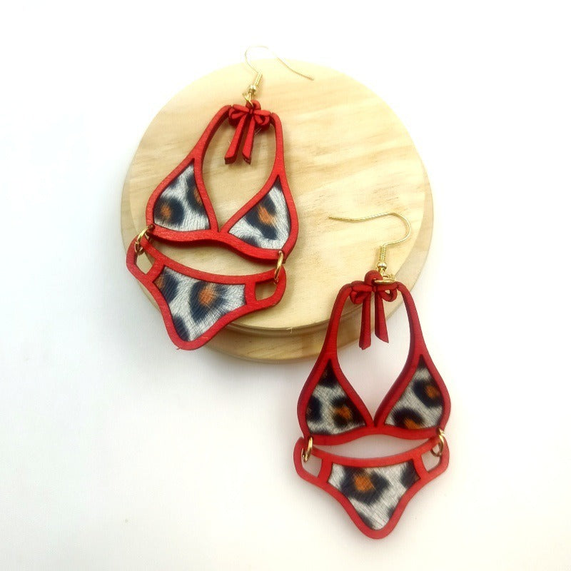 Wholesale Wood Cutting Hollow Double-layer Adhesive Leather Personalized and Fashionable Leopard Print Earrings