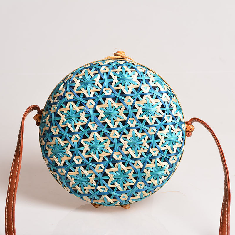 卸売手作り竹織花ラウンド籐バックルバッグ