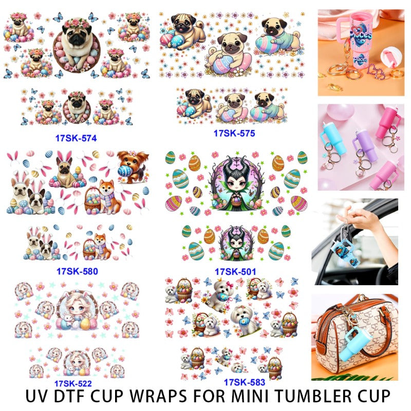 Wholesale 2/4/8 Pcs Easter Cute Little Dog Cartoon Girl UV DTF Wraps Mini Tumbler Cup Keychain Lipstick Holders OLY Exclusive
