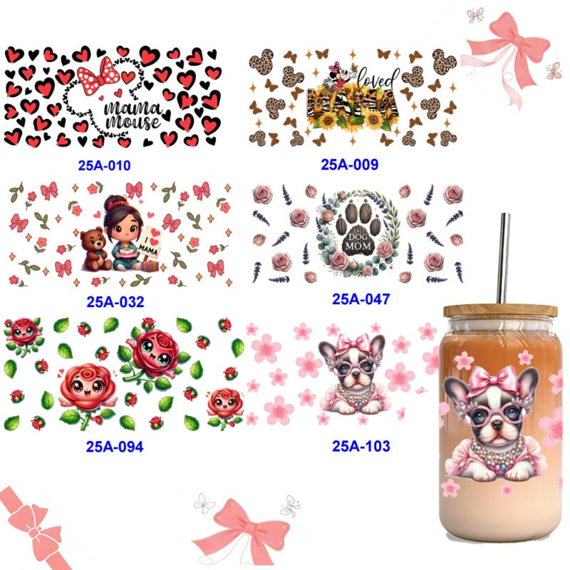 Wholesale 1pcs/5pcs  Mother's Day Cute Girl Dog Little Beer Flower Cartoon 16oz Cup UV DTF Wraps OLY Exclusive