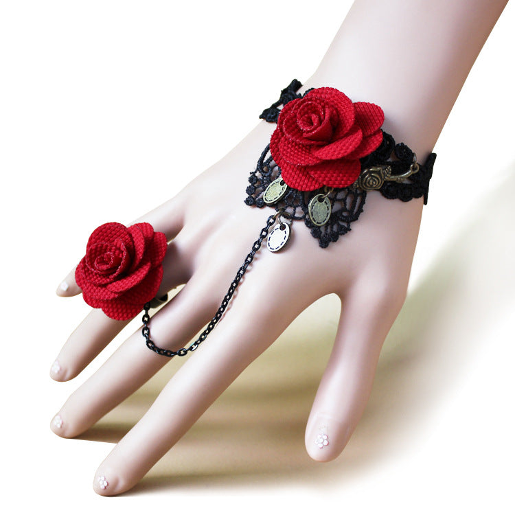 Wholesale Retro Gothic Punk Bracelet Lace Rose Bracelet with Ring Fashionable Burgundy Flower Lace Bracelet