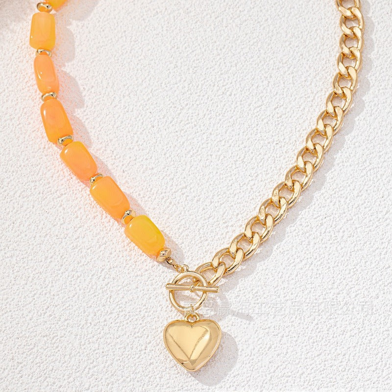 Wholesale Fashion Acrylic Colored Stone Heart-shaped Niche Design Metal Necklaces