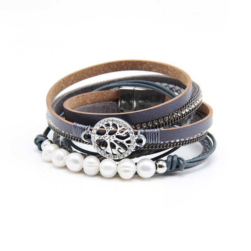 Wholesale Life Tree Cowhide Pearl Magnetic Buckle Bracelet