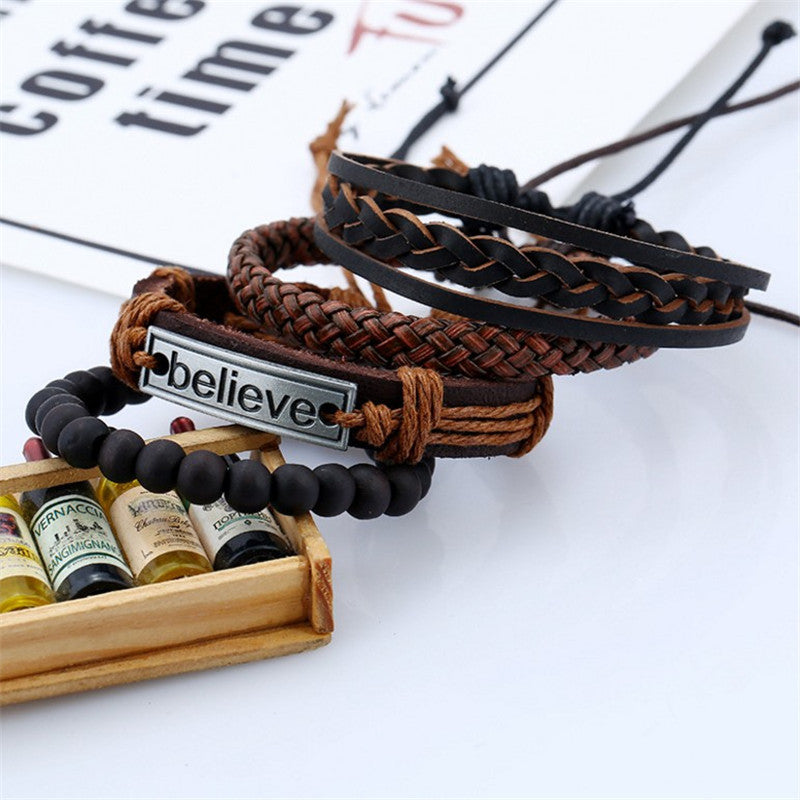 Wholesale Set Men's Retro Woven DIY Leather Bracelet