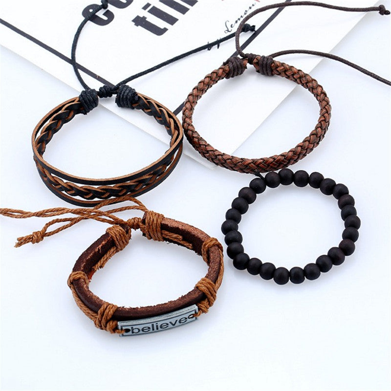 Wholesale Set Men's Retro Woven DIY Leather Bracelet