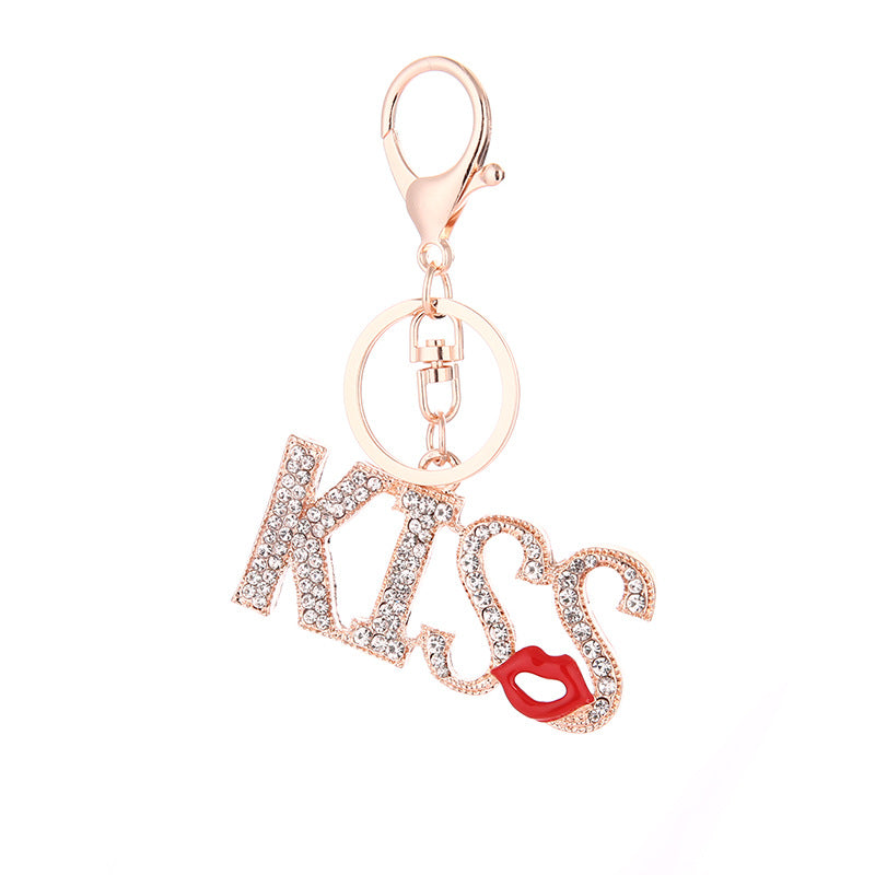 Wholesale Trendy Kiss Lips Rhinestone Keychain Gold Tone Metal Couple Birthday Gift Key Ring Accessory