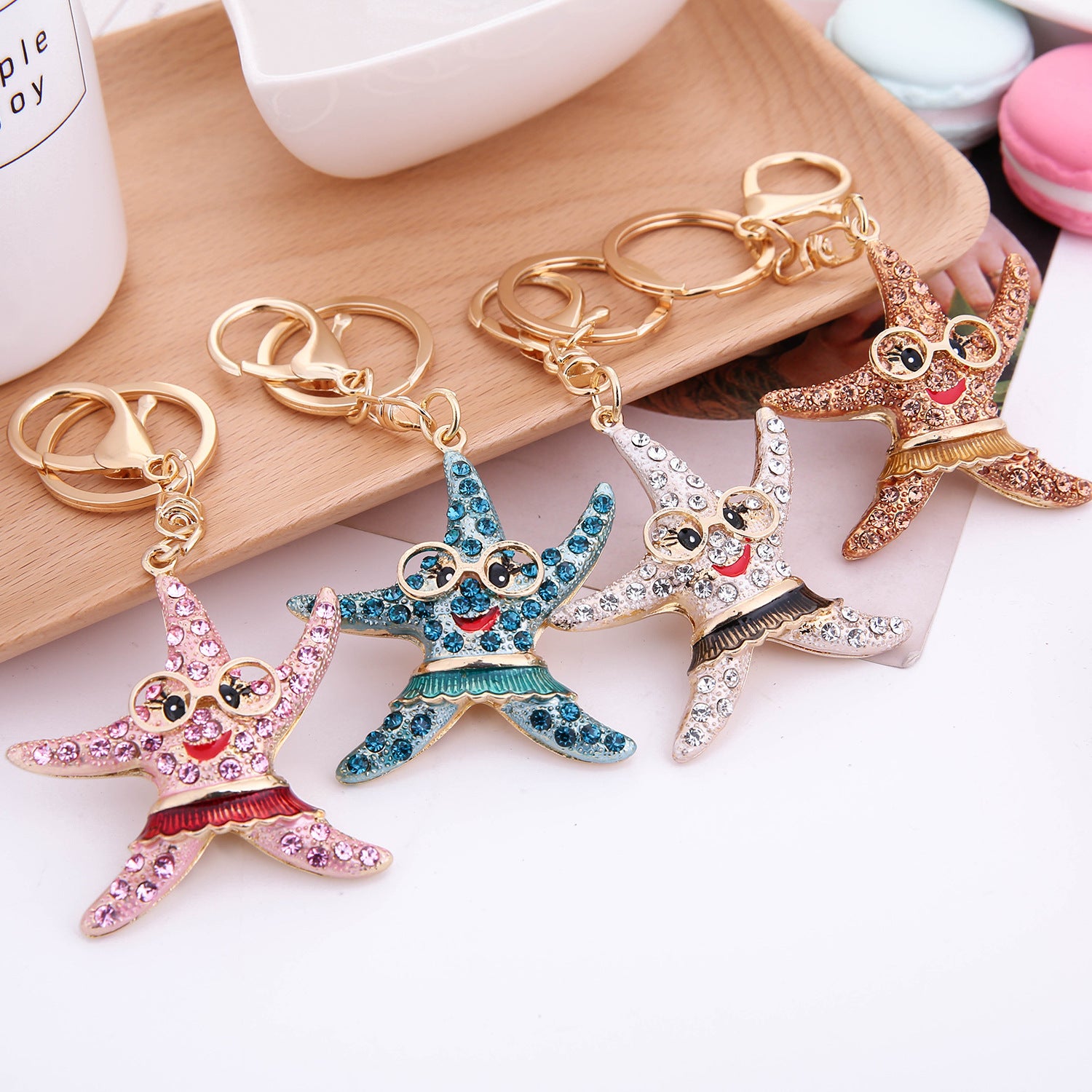 Wholesale Pink Starfish Rhinestone Alloy Keychain For Women Fashion Bag Charm Car Key Accessory Gift