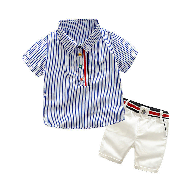 Wholesale Boys' Cotton Lapel Short Sleeved Striped Shirt Casual Pants Set