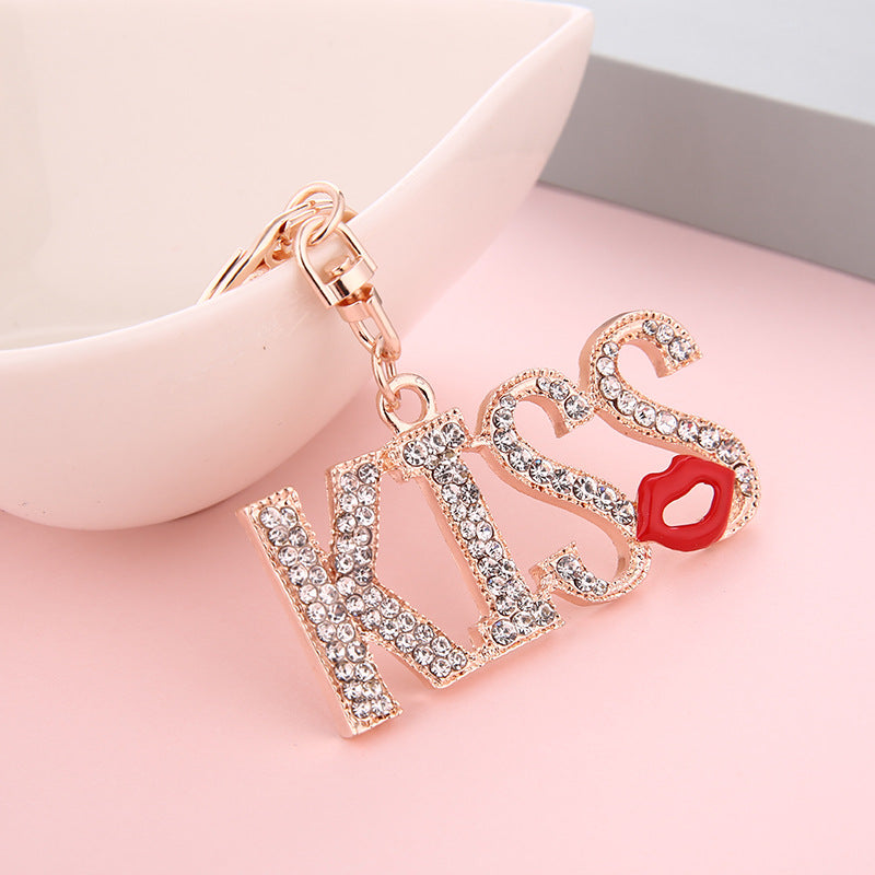 Wholesale Trendy Kiss Lips Rhinestone Keychain Gold Tone Metal Couple Birthday Gift Key Ring Accessory