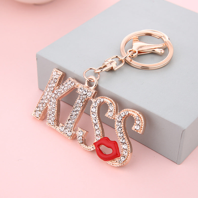 Wholesale Trendy Kiss Lips Rhinestone Keychain Gold Tone Metal Couple Birthday Gift Key Ring Accessory