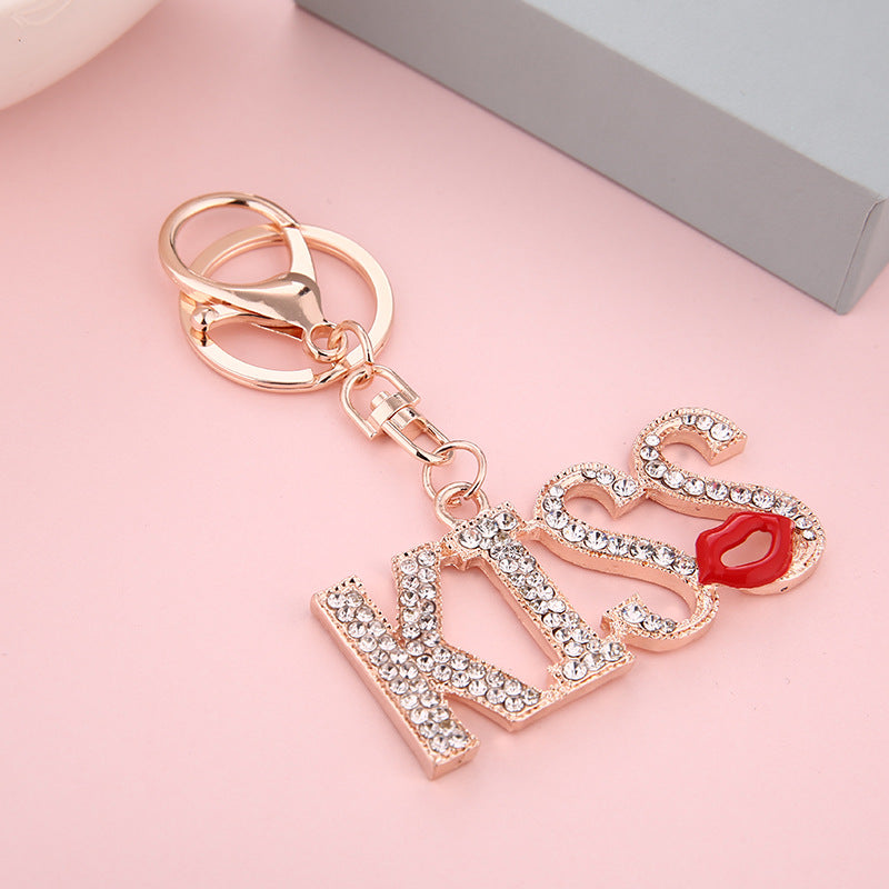 Wholesale Trendy Kiss Lips Rhinestone Keychain Gold Tone Metal Couple Birthday Gift Key Ring Accessory