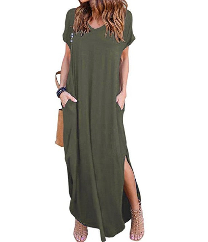 Wholesale Long Dress Summer Hot V-Neck Pocket Split Dress